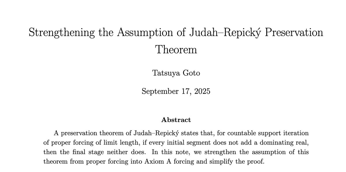 goto_math's tweet image. 新しいノートを公開しました。
Strengthening the Assumption of Judah--Repický Preservation Theorem
t-goto.jp/articles/judah…