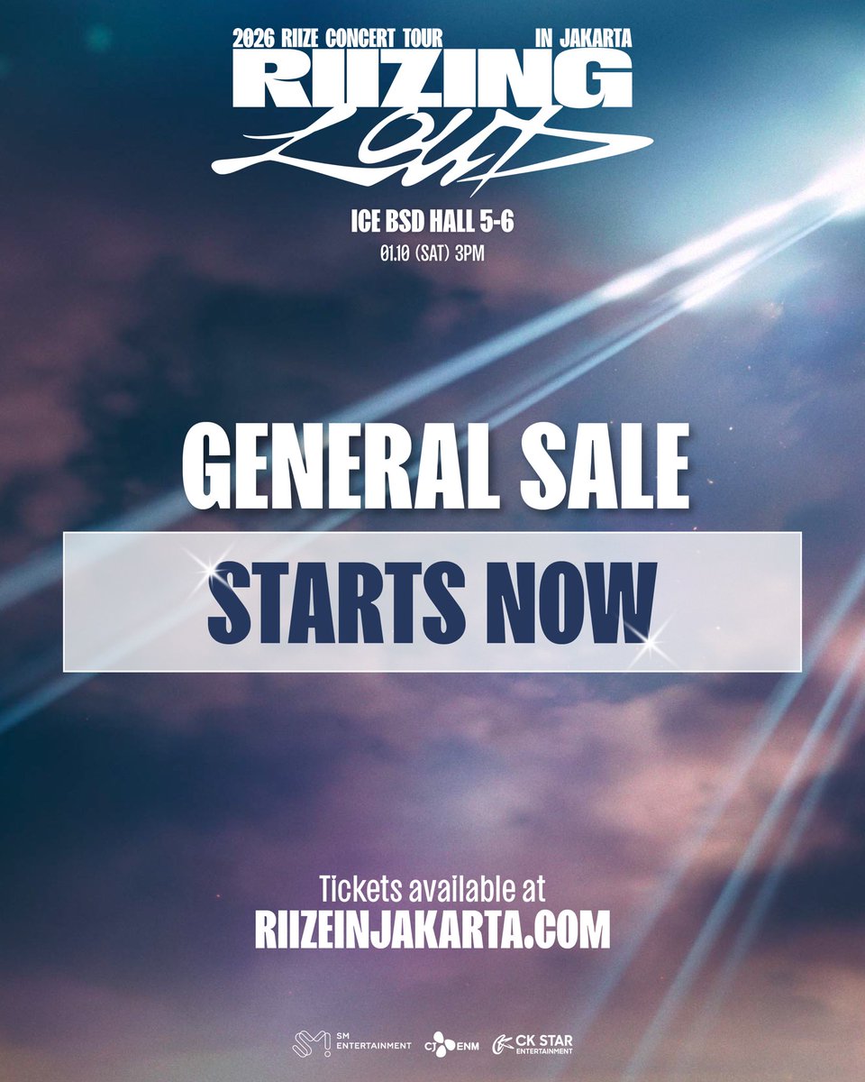 ckstarid's tweet photo. 🚨 𝕆𝕟𝕖-𝕠𝕟𝕖-𝕟𝕚𝕟𝕖, 𝕠𝕟𝕖-𝕠𝕟𝕖-𝕟𝕚𝕟𝕖 🚨

This ain’t no emergency, but General Sales HAVE JUST GONE LIVE~! 
🫵 Hurry, RUN to ​🎫 https://t.co/8CSHb1IQ4t or click #linkonbio​ to grab your tickets now!

𝟐𝟎𝟐𝟔 𝐑𝐈𝐈𝐙𝐄 𝐂𝐎𝐍𝐂𝐄𝐑𝐓 𝐓𝐎𝐔𝐑 [𝐑𝐈𝐈𝐙𝐈𝐍𝐆 𝐋𝐎𝐔𝐃] 𝐈𝐍 𝐉𝐀𝐊𝐀𝐑𝐓𝐀
📆 10 January 2026 (Sat)
⏰ 3:00 PM (15:00 WIB)
📍 Indonesia Convention Center (ICE) BSD Hall 5-6 

[𝐓𝐀𝐊𝐄 𝐍𝐎𝐓𝐄]
Please do not share or disseminate the barcode or barcode number found on the E-Voucher (including through photos/emails or any other methods). The barcode will be required to be exchanged for a wristband that MUST be used during the event.

The organizer reserves the right to refuse entry to any individuals for whom the barcode is damaged/misprinted/incomplete or otherwise fails to scan successfully on the day of the event.

❗We would like to caution members not to purchase the tickets from unauthorized or third party sellers because tickets cannot be guaranteed and no refund will be possible from our end.

This show is proudly promoted by @ckstarid​
#RIIZE #라이즈 #RISEandREALIZE #RIIZE_CONCERT #RIIZINGLOUD #CKStarEntertainment #CKStarID