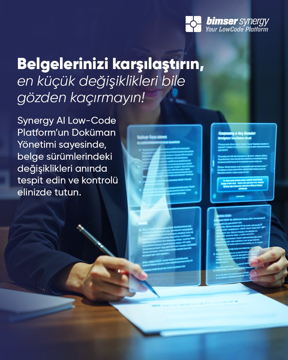 Bimser Synergy AI Low-Code Platform'un belge karşılaştırma özelliği sayesinde belge sürümleri arasındaki değişiklikleri anında tespit edebilirsiniz.

🌐 Bimser Synergy AI Low-Code Platform hakkında daha fazla bilgi için web sitemizi ziyaret edin: bimser.com/bimser-synergy/