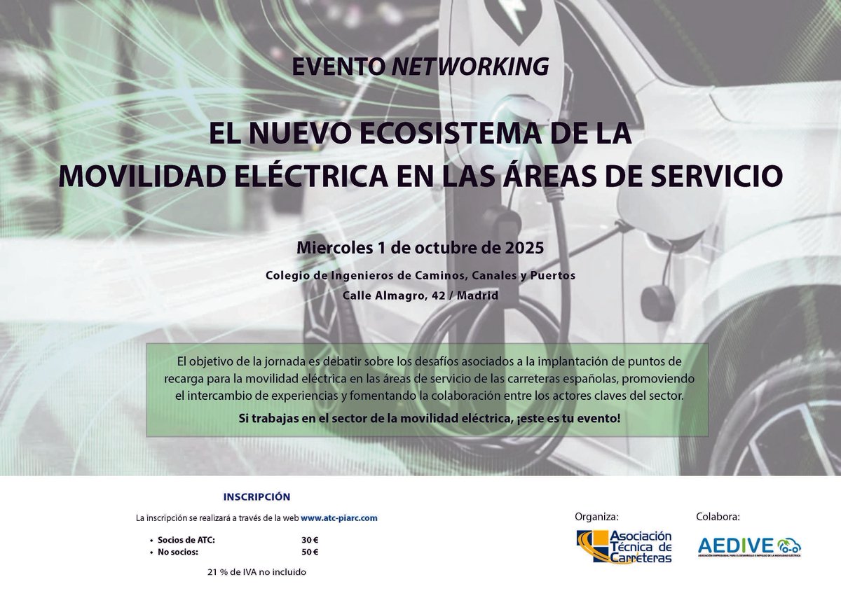 ATC_PIARC's tweet image. Evento Networking
EL NUEVO ECOSISTEMA DE LA MOVILIDAD ELÉCTRICA EN LAS ÁREAS DE SERVICIO

Contaremos con una sesión de ponencias, mesa redonda y un tiempo de cafe/networking

📍 Colegio ICCP  Madrid
📅 1 de octubre
🕘 9:30 a 12:30

Más info e inscripción: acortar.link/1TGA5P