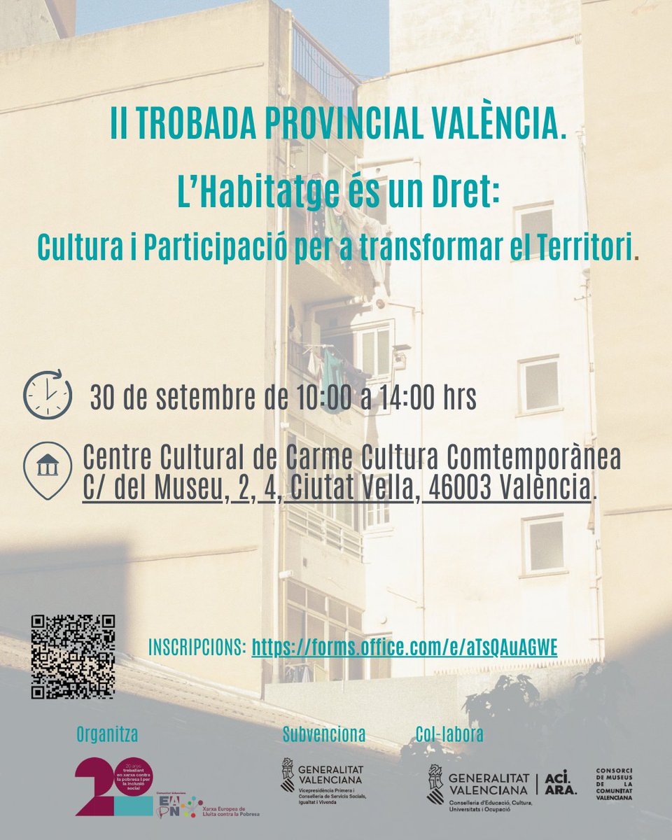EAPN CV (@xarxaeapncv) on Twitter photo EAPN CV convoca les II Trobades Provincials “L’Habitatge és un Dret”:
📍 València 30/09 (Centre del Carme)
📍 Alacant 01/10 (MARQ)
📍 Castelló 03/10 (Planetari)
Dirigit principalment a persones vinculades a les entitats de la xarxa. 
bit.ly/TrobadesProvin… EAPN CV convoca les II Trobades Provincials “L’Habitatge és un Dret”:
📍 València 30/09 (Centre del Carme)
📍 Alacant 01/10 (MARQ)
📍 Castelló 03/10 (Planetari)
Dirigit principalment a persones vinculades a les entitats de la xarxa. 
bit.ly/TrobadesProvin…