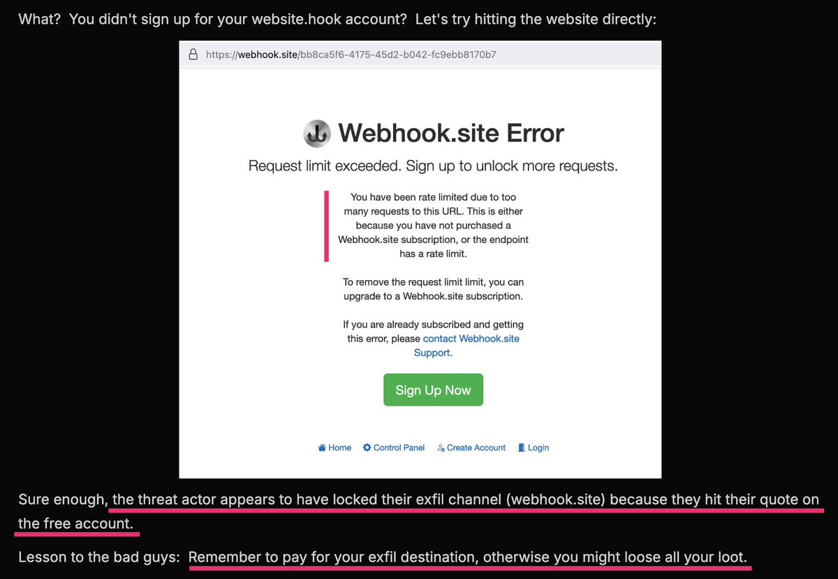 cyb3rops's tweet image. Imagine getting access to CI tokens across dev orgs - and blowing it because you didn’t pay $9 to webhook.site
The attack didn’t fail because we stopped it - it failed because they used a free account and hit the quota
#NPM #SupplyChain…