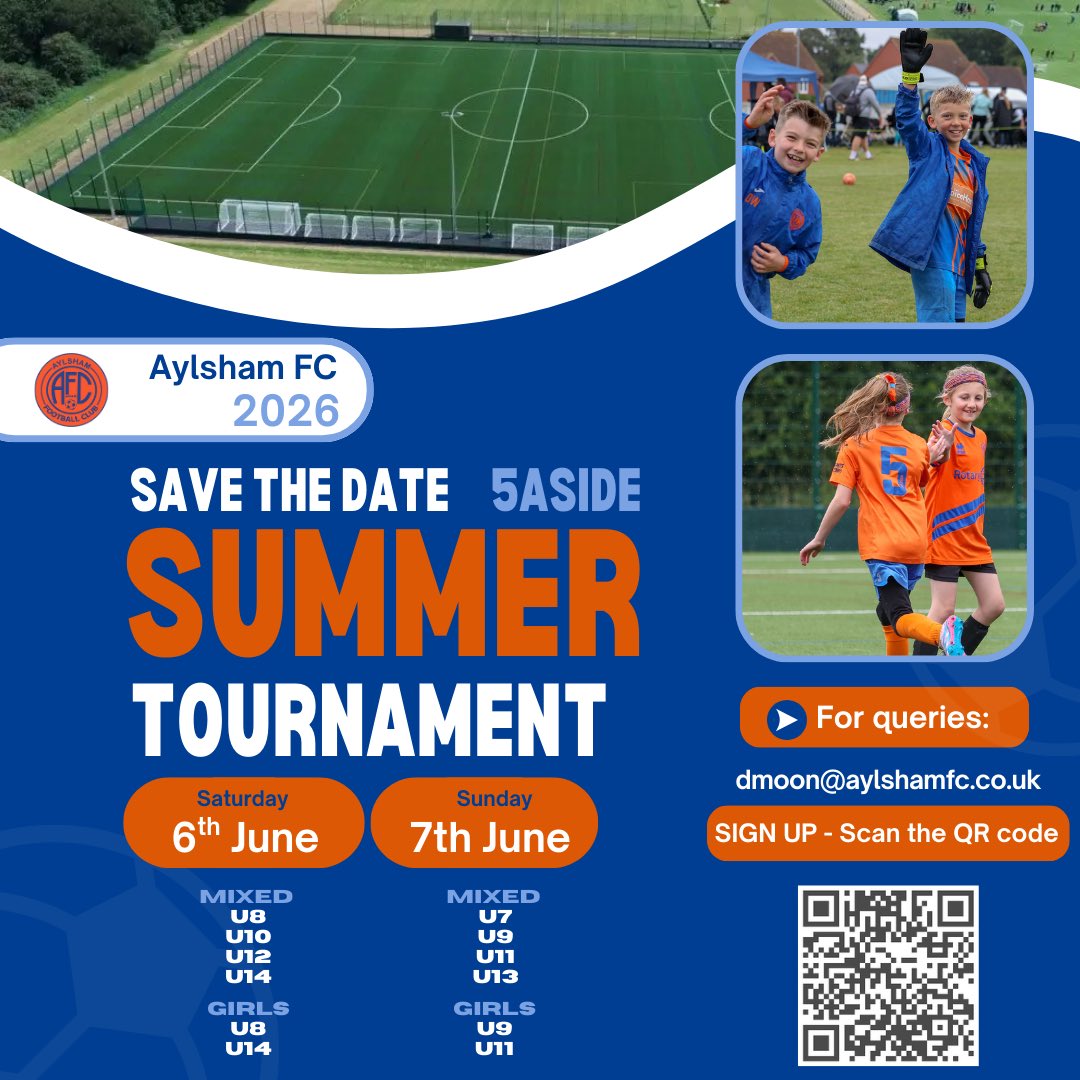 S҉A҉V҉E҉ T҉H҉E҉ D҉A҉T҉E҉

Our 2026 Aylsham Summer Tournament entries are now open ! 
Click on the link below 👇 or scan the QR code on the poster.

aylshamfc.co.uk/about-us/tourn…

6th &amp; 7th June ⭐️

Don’t miss out on a fantastic weekend of football fun 🤩 

🧡💙