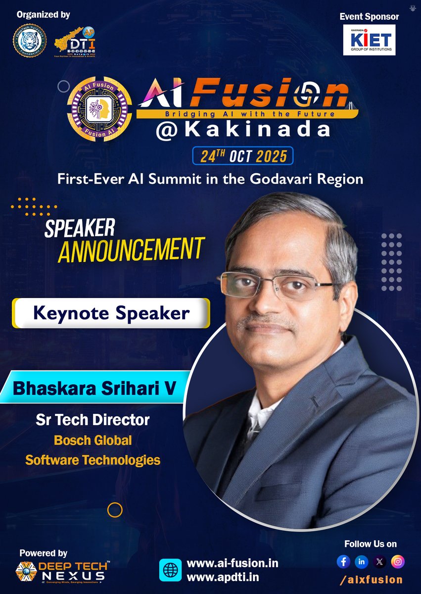 We’re thrilled to welcome Bhaskara Srihari V., Sr. Tech Director <a href="/BoschGlobal/">BoschGlobal</a>, as a Keynote Speaker at #AIFusion @ Kakinada

The first-ever #AISummit in the #Godavari region, driving #AI adoption &amp; #innovation.

✨24 Oct 2025 | #Kakinada, AP
Register at: ai-fusion.in