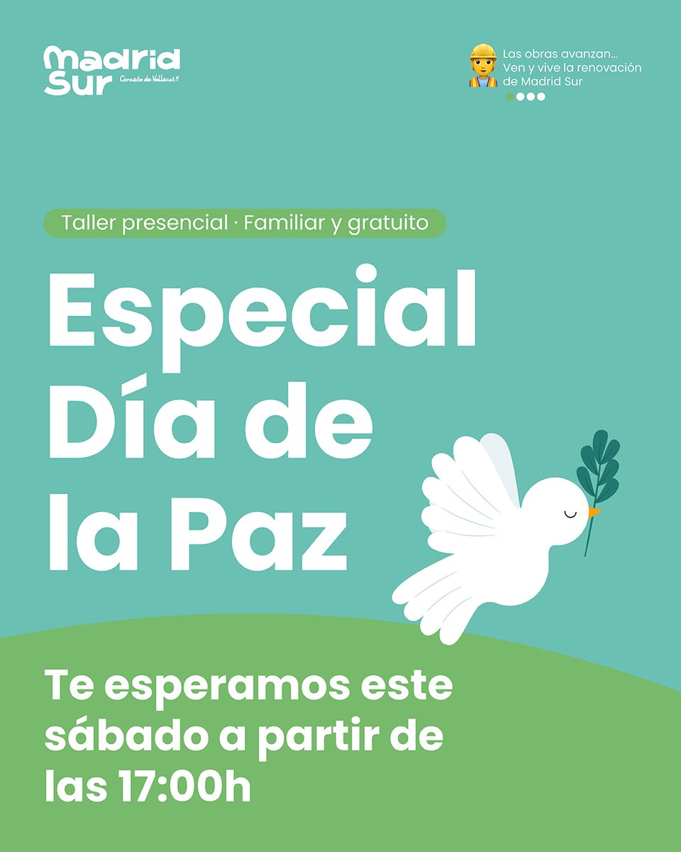 ¡Próximo taller creativo presencial! ¡Ven y participa!
🕊️ Especial Día de la Paz.
📅 Sábado 20. 
🕣 De 17h a 19h.
📍 1ª planta de Madrid Sur, junto a restauración (aforo limitado).
👉 ccmadridsur.es/eventos/taller…

#talleres #manualidades #diy #madridsur #ccmadridsur