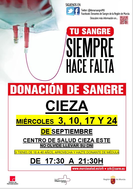 #BuenosDiasATodos 
🩸Cada donación tiene el poder de transformar vidas y ofrecer esperanza a quienes más lo necesitan 🙏 #DonaSangre ❣️ y hazte #DonantedeMédula 💉

🚑Te esperamos hoy en #Cieza ⬇️
⏰de 17.30 a 21.30h

ℹ️Requisitos para #donarsangre ow.ly/CV0i50Mmvm2