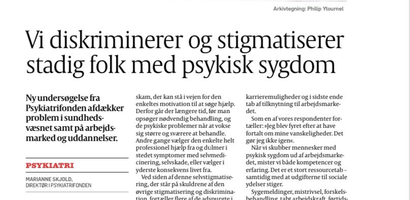 Nadeem Farooq (@nadeemfa) on Twitter photo 6 ud af 10 danskere fortæller, at det bliver behandlet anderledes fordi de har en psykisk sygdom. 
Vi skal stoppe stigmatisering af folk med psykisk sygdom. 
Rigtigt godt indlæg af Marianne Skjold, direktør i <a href="/Psykiatrifonden/">Psykiatrifonden</a> #dkpol 6 ud af 10 danskere fortæller, at det bliver behandlet anderledes fordi de har en psykisk sygdom. 
Vi skal stoppe stigmatisering af folk med psykisk sygdom. 
Rigtigt godt indlæg af Marianne Skjold, direktør i <a href="/Psykiatrifonden/">Psykiatrifonden</a> #dkpol