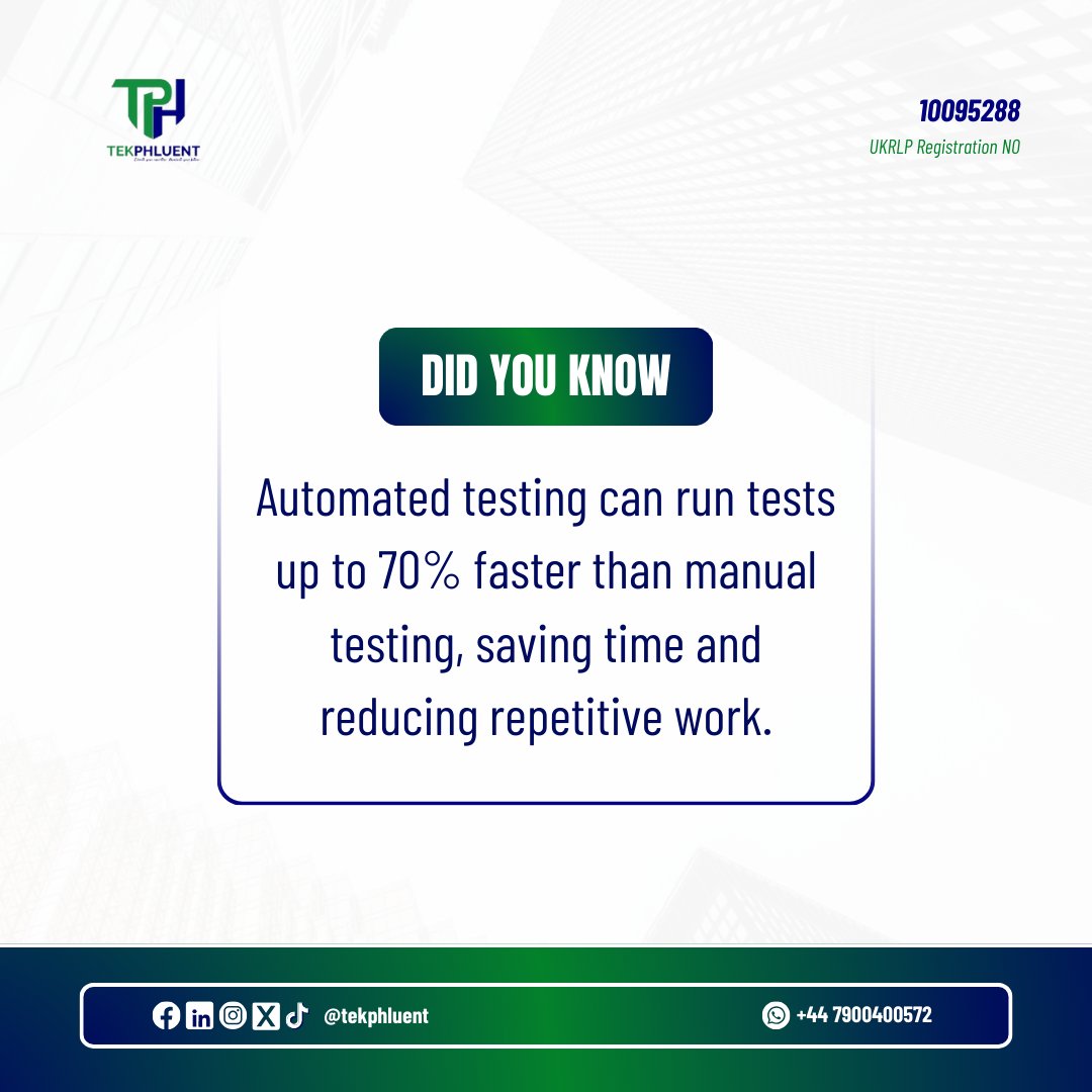 tekphluent's tweet image. Did you know? Automated testing runs up to 70% faster than manual testing—saving time &amp;amp; reducing repetitive tasks. 🚀 

Hillsborough Law Rodrygo Simons Sundance Nothing Hill #SoftwareQA #TekPhluent