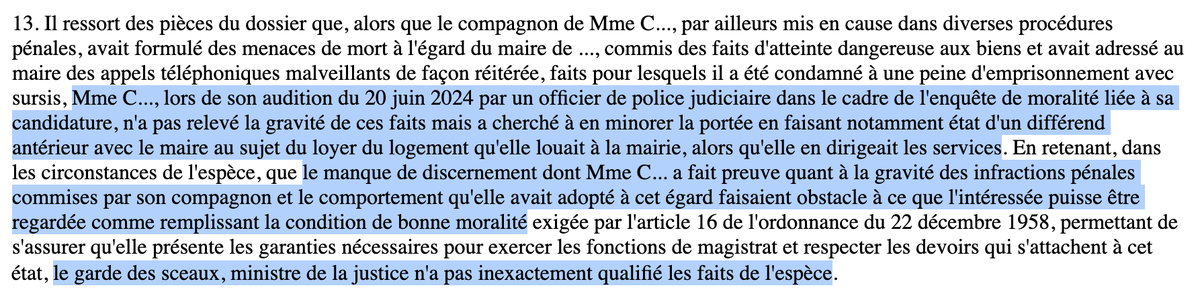 Magistrature : Le <a href="/Conseil_Etat/">Conseil d'État</a> valide le refus d'autoriser une femme à participer aux concours pour devenir magistrate.

Faute de respecter la condition de « bonne moralité ».

Essentiellement car elle a minoré la gravité des actes commis par son compagnon (pénalement condamné).