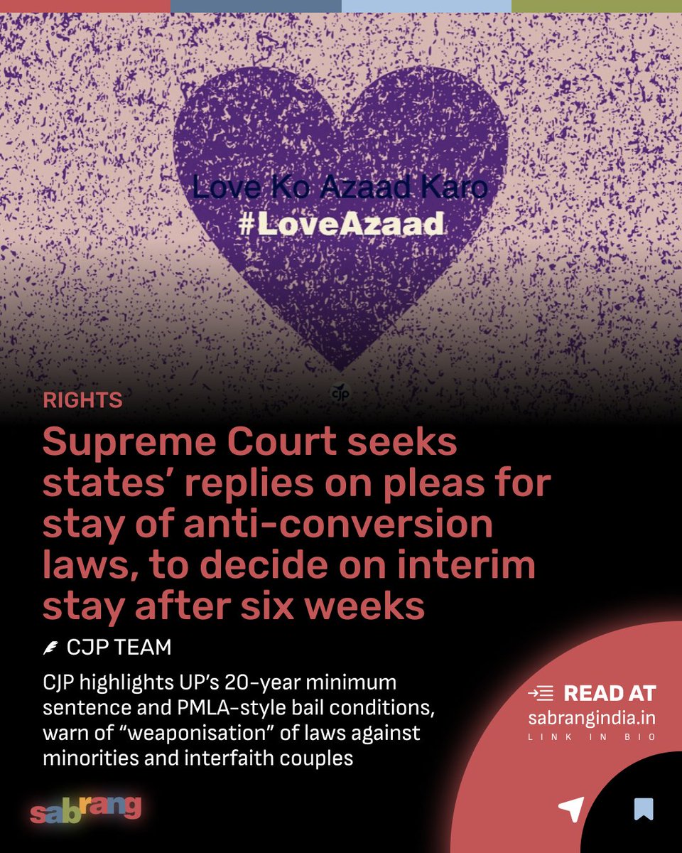 sabrangindia's tweet image. Supreme Court Seeks States Response on Pleas Challenging Anti-Conversion Laws, Interim Stay Decision in Six Weeks

#SupremeCourt #AntiConversionLaws #ReligiousFreedom #sabrangindia

sabrangindia.in/supreme-court-…
