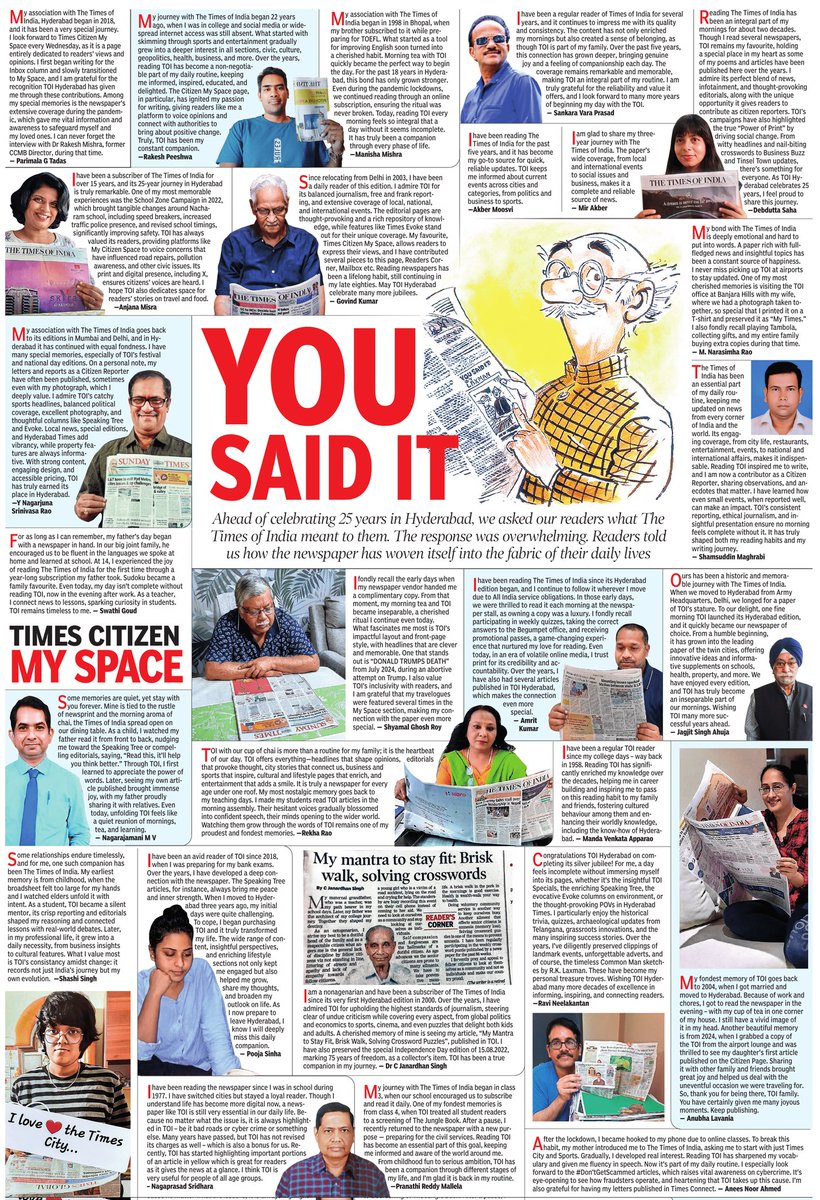 #25yearsofTOIHyd

Ahead of celebrating 25 years in Hyderabad, we asked our readers what The Times of India meant to them. The response was overwhelming. Readers told us how the #Newspaper has woven itself into the fabric of their daily lives.

#timesofindia #TOI #Hyderabad