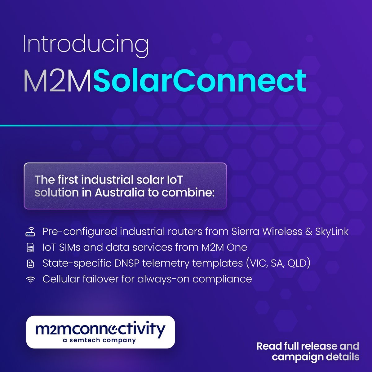 ☀️⚡ New launch: M2M SolarConnect 

Australia’s 1st turnkey IoT solar compliance solution:

🔹 Routers (Sierra Wireless, SkyLink)
🔹 IoT SIMs + data
🔹 DNSP templates (VIC/SA/QLD)
🔹 Cellular failover

👉 loom.ly/20zDgik

#Solar #IoT #M2MSolarC👉loom.ly/20zDgik