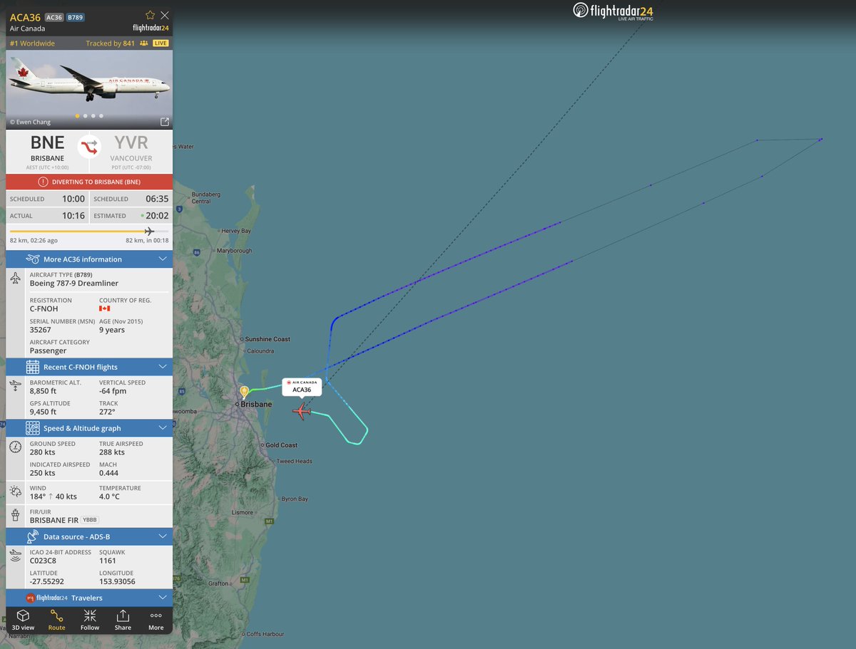 flightradar24's tweet photo. #AC36, Brisbane-Vancouver, returning to Brisbane. https://t.co/OxQX82zUvm https://t.co/9O0TZNGfsq