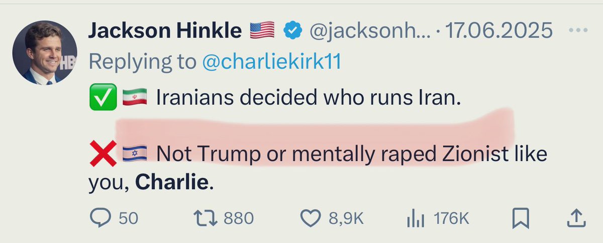 VickanFW's tweet photo. Jackson Hinkle HATED Charlie Kirk. Now it is the only thing he talks about, because he uses Charlie for his hate for Israel. 
FBI must look into everything, obviously, but Hinkle is an anti american, terrorist supporting ACTUAL communist. He loves everyone who hates the U.S.
He is THE top propaganda man I´ve seen infiltrating mAGA (before he moved to Russia,) and I was blown away that so few didn´t see this back then. 
Same goes for Fuentes and a few others.
It is DISGUSTING that any of them has the f-ing nerve to take Charlie´s name in their mouth.
But this is what lowlifes like them do. 
All that said, FBI (aagain) must look into everything, and every lead. 
Tyler Robinson was indoctrinated, I do not believe for a second he acted alone. 
And no matter where the facts may lead, FBI must expose them.
