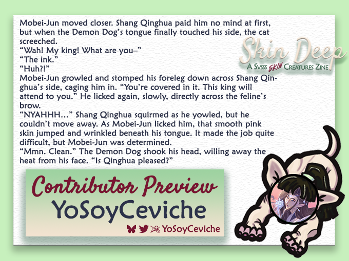 Psst<3 here's a sweet little promo from my fic in the <a href="/SvssSkinZine/">SVSSSkinZine</a> 😘 Look! Moshang! Skin creature Moshang! And they're hairless and pathetic! Hehehe

Preorders close in 2 weeks! Pls join us in celebrating Skinzun n' friends in all their wrinkly glory🥰

svssskinzine.bigcartel.com
