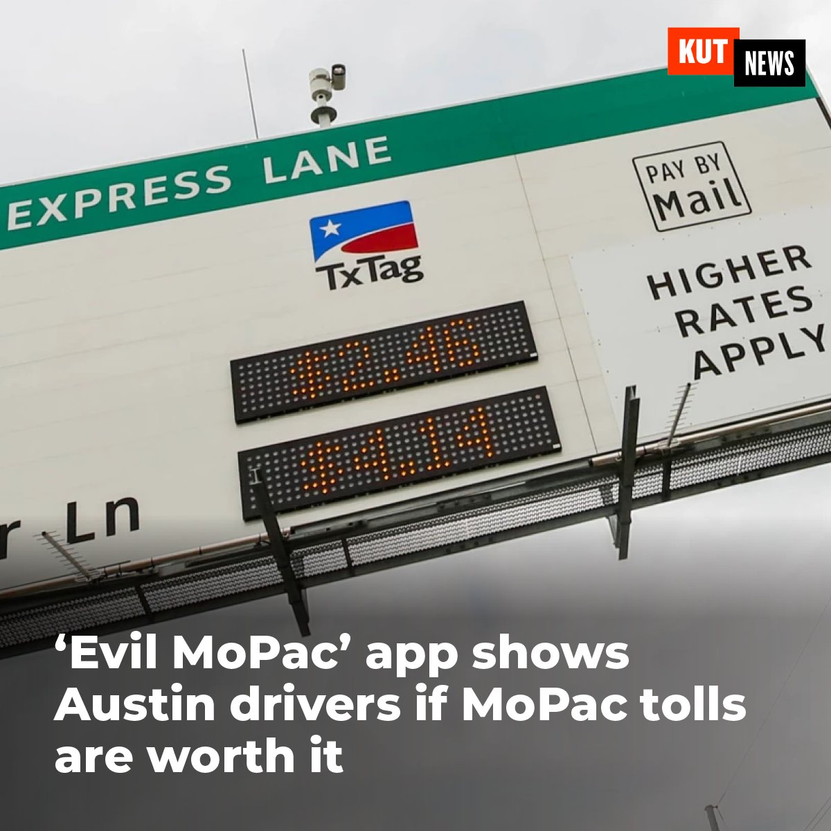 KUT's tweet photo. A new smartphone app, called "Evil MoPac," is promising to make sense of MoPac's unpredictable toll lanes by showing drivers how much each minute of time saved will actually cost. https://t.co/0PjJy97gRJ https://t.co/CUqGPz22WF
