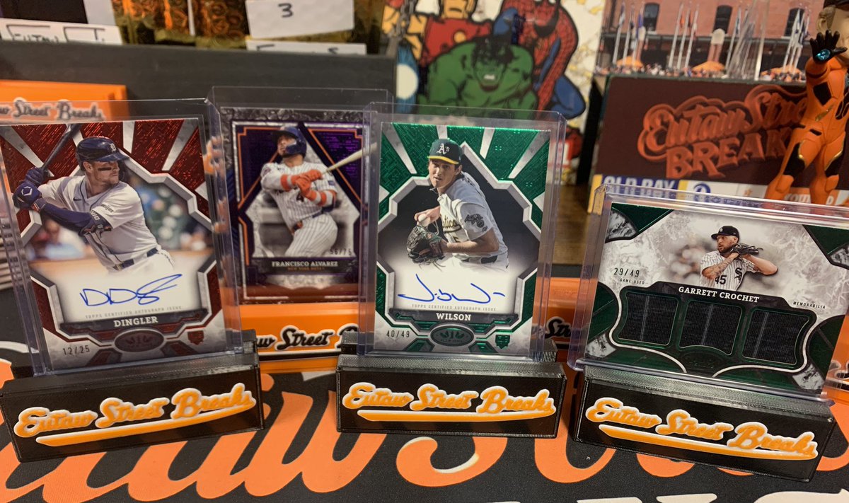 EutawStBreaks's tweet photo. No knob tonight, @CardPurchaser , but we did hit a Dill Dingler /25!! Feels like a pretty sweet box!
Alvarez /75 
Dingler /25 
Crochet 3x City Connect /49
Wilson /49, color match 🤯

Congrats to: @Slabs_And_Studs @PoliteDKnight @BringTheMold https://t.co/GUbolC1AAU