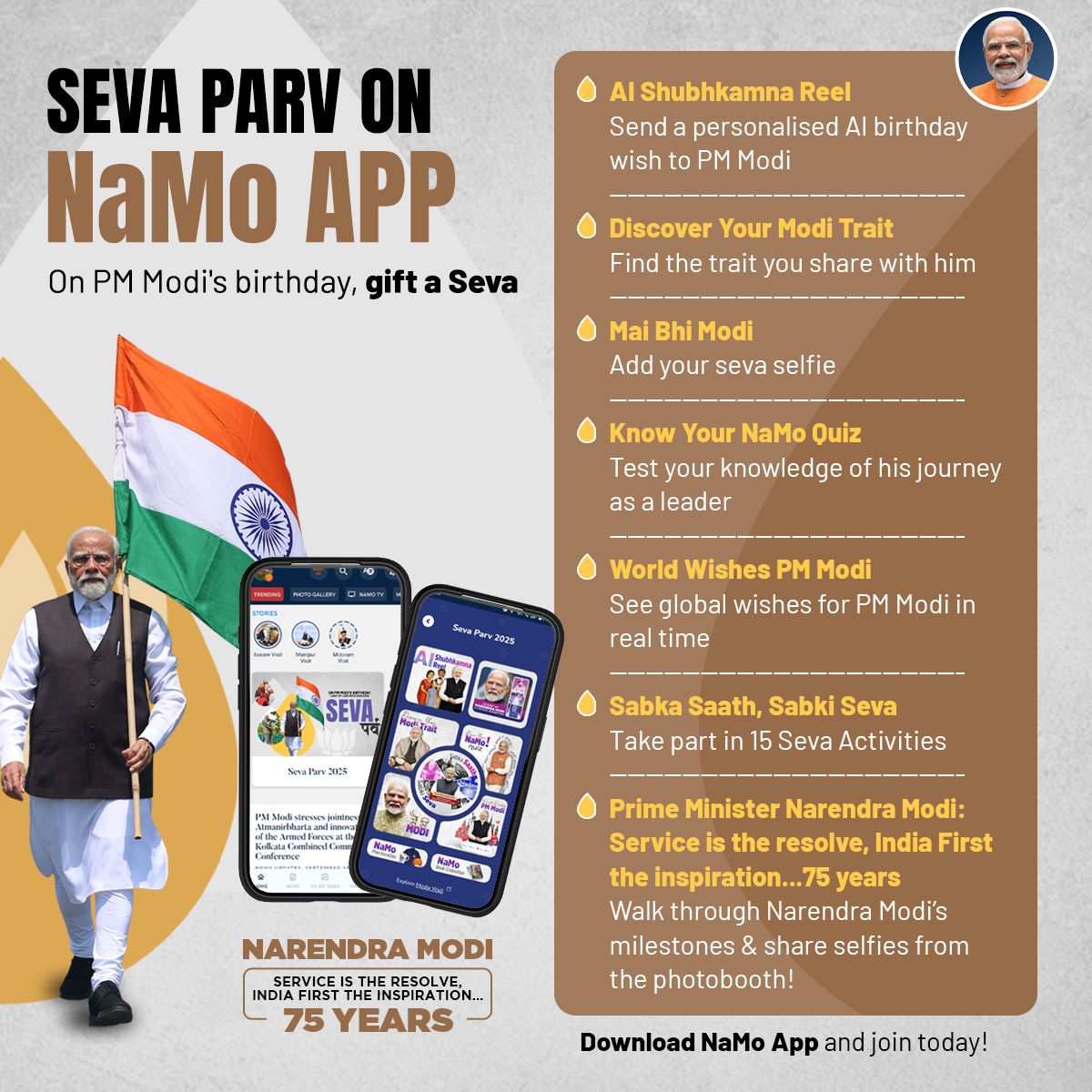 Seva Parv 2025 is your opportunity to honor PM <a href="/narendramodi/">Narendra Modi</a>’s legacy of service.

Discover your Modi trait, take the Know Your NaMo Quiz, create a personalized AI Shubhkamna reel, and more.

Join Now On NaMo App: nm-4.com/sevaparv2025

#HappyBdayPMModi
#SevaParv

<a href="/BJP4India/">BJP</a>