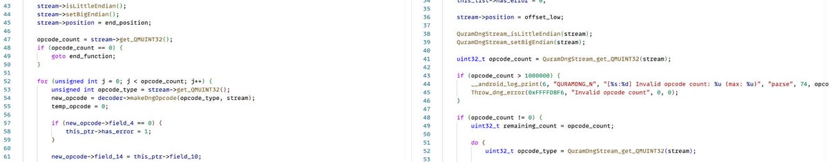 CVE-2025-21043 Out-of-bounds Write in libimagecodec.quram.so. This one has been exploited in the wild, patch diff show it in QuramDngOpcodeList::parse (another DNG parser! ) probably they use techniques described in P0 blog about Samsung mms exploit 
gist.github.com/qriousec/6a802…