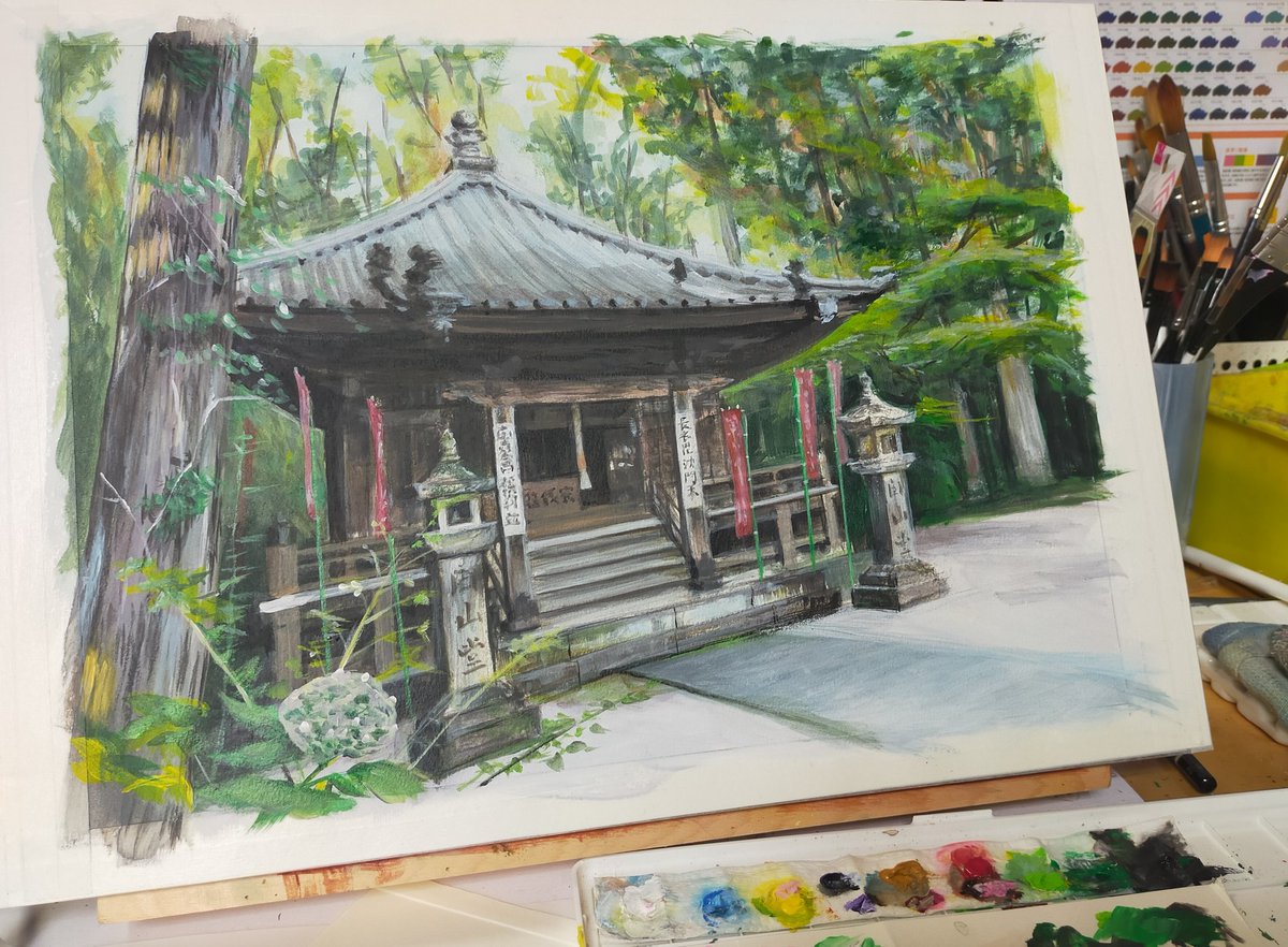 masamis15's tweet image. アクリル絵の具で風景画に挑戦してみた

岡﨑市の真福寺にある毘沙門天開山堂を描いてみました

下描きの段階でしっかりパース取りをする事が大事なんだな〜　と感じた
#アクリル画 #F4　
#アクリル絵の具
#風景画