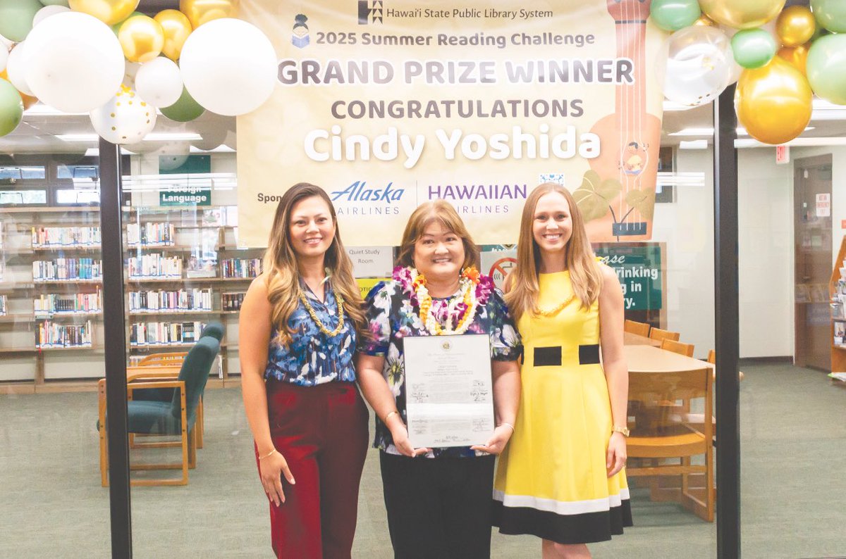 Cindy Yoshida, an adult reader at Mililani Public Library, is the grand-prize winner of the 2025 @hsplshigov Summer Reading Challenge. She earned four round-trip tickets on @alaskaair. Read more in our Sept. 10 Hot Shots column. #midweekhawaii #hawaii #hawaiistatepubliclibrary