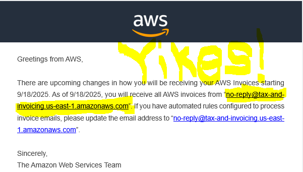 TechInfoGuy's tweet photo. A dumb #AWS decision.  What team of geniuses came up with the email 40 characters to serve its customers?  And "Tax and Invoicing?"  Really? https://t.co/4NyuGCKJyY