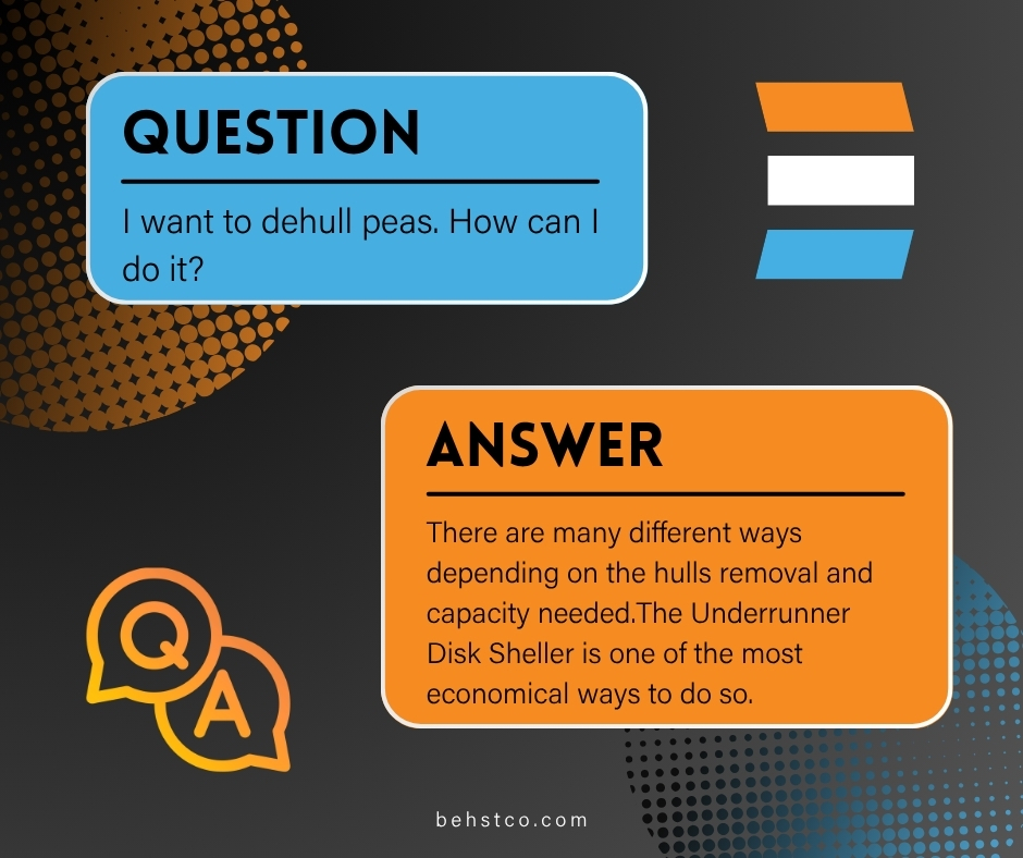 BehstCo's tweet image. Q: I want to dehull peas. How can I do it?
A: Depends on the hulls removal capacity needed,  but the Underrunner Disk Sheller is one of the most economical ways to do it.

If you have any more questions about equipment or processes, please DM or email us at media@behstco.com