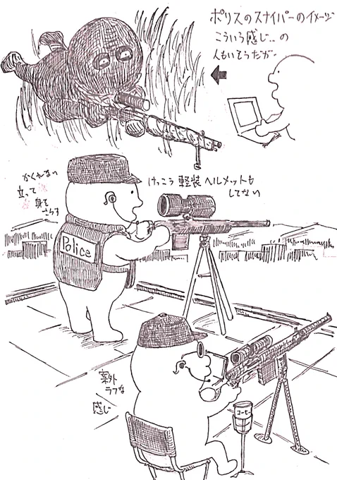 警察の狙撃手というと、草むらや屋上の陰に伏し隠れ、目を血走らせて黙々と怪しいのを探しまわるイメージでしたけど…
アメリカの要人警護だと、スコープを付けたクソデカライフルを三脚とかに乗っけて、結構ラフな格好で突っ立ってたり、椅子に座ってるんですよねぇ…(意外)
カメラマンみたい。 