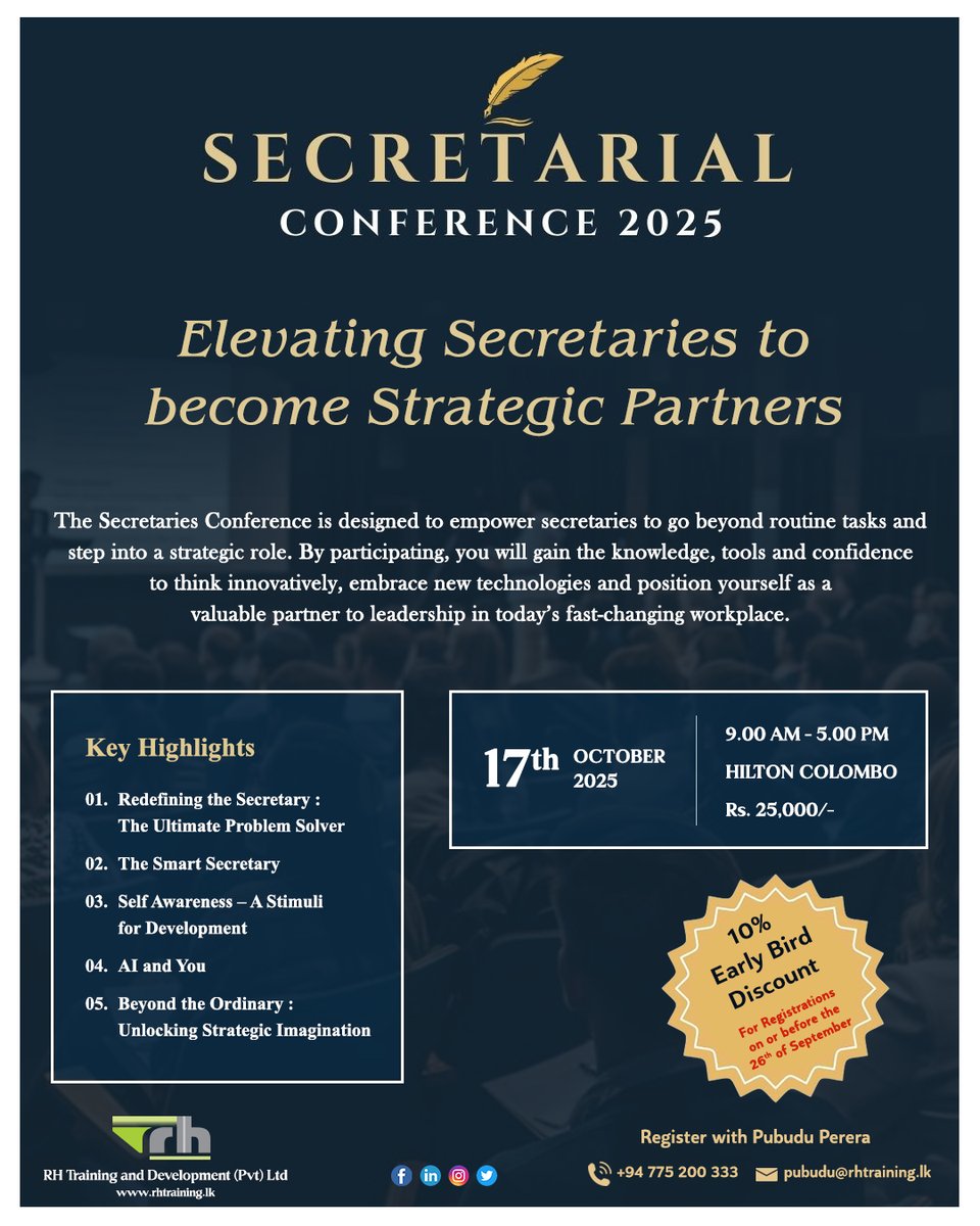 RHtraining's tweet image. Secretarial Conference 2025 organized by RH Training
Date : 17th October 2025
Venue : Hilton Colombo
#trainingprogramme #training #rhtraining #corporatetraining #trainingleader #trainingcompany #Education #customerservice #secretary #global #sales #marketing