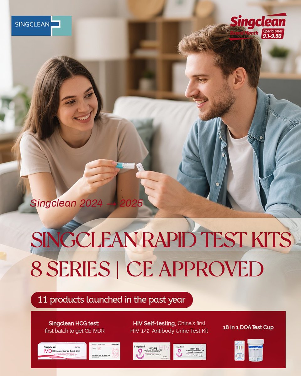 singclean's tweet image. 🔬 Singclean Rapid Test Kits | CE Approved
🚀 11 new products in 1 year
🏆 HCG Test – CE IVDR certified
🧪 HIV Urine Self-Test – 99.9% accuracy, China’s first
⚡ 18-in-1 DOA Cup – precise &amp;amp; convenient
#Singclean #RapidTest #IVDR #Innovation