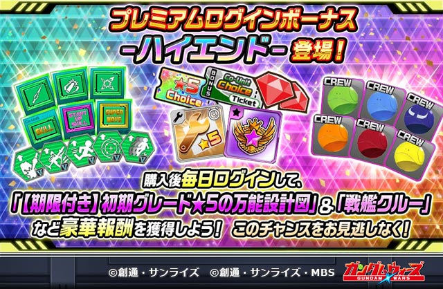10/8 13:00までの期間限定販売！「プレミアムログインボーナス　-ハイエンド-」登場！
購入後から毎日１回ログインして貰える全28日間の豪華ログインボーナス！

2日目に「ダイヤ×200」が貰える！！
