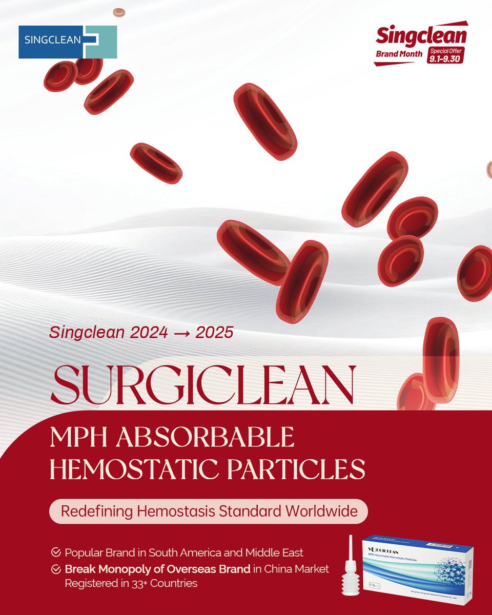 singclean's tweet image. 🩺 Surgiclean® MPH Hemostatic Particles
🌍 Popular in South America &amp;amp; Middle East
🇨🇳 Breaking overseas monopoly in China
✅ Registered in 33+ countries
Redefining the global standard of hemostasis.
#Surgiclean #Hemostasis #Innovation #Surgery