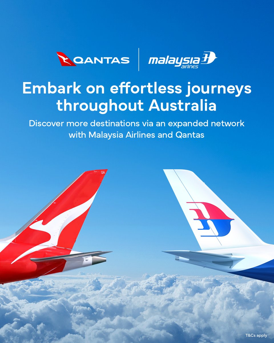 MAS's tweet photo. Malaysia Airlines and Qantas are proud to announce a new codeshare partnership that enhances connectivity and delivers greater value for travellers across Australia, Malaysia, and beyond.

Through this collaboration, Malaysia Airlines will place its MH code on 18 Qantas-operated domestic routes, offering seamless onward travel from major gateways to cities including Canberra, Darwin, Hobart, and Launceston. At the same time, Qantas will place its QF code on Malaysia Airlines flights between Kuala Lumpur and Adelaide, Brisbane, Melbourne, Perth, Sydney – as well as to Singapore and key Malaysian destinations such as Kota Kinabalu, Kuching, Langkawi, and Penang.

This comes at a pivotal moment as Malaysia Airlines significantly expands its Australian network by resuming Brisbane flights (5x weekly) from 29 November 2025, increasing Melbourne and Sydney to three flights daily starting late October 2025, boosting Perth services to 14x weekly from 1 December 2025 and growing Adelaide to daily flights from 1 February 2026.

These developments mark a substantial boost in capacity and reaffirms Malaysia Airlines’ long-term commitment to Australia, reflecting a strategy of sustainable growth and premium service delivery across the region.

#MalaysiaAirlines #YourGatewayToAsiaAndBeyond #MalaysianHospitality #Qantas #codeshare