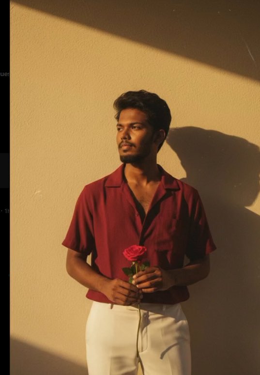 Retro Vintage Portrait of Young Man in Red Shirt and White Pants Holding a Rose with 90s Romantic Golden Hour Mood