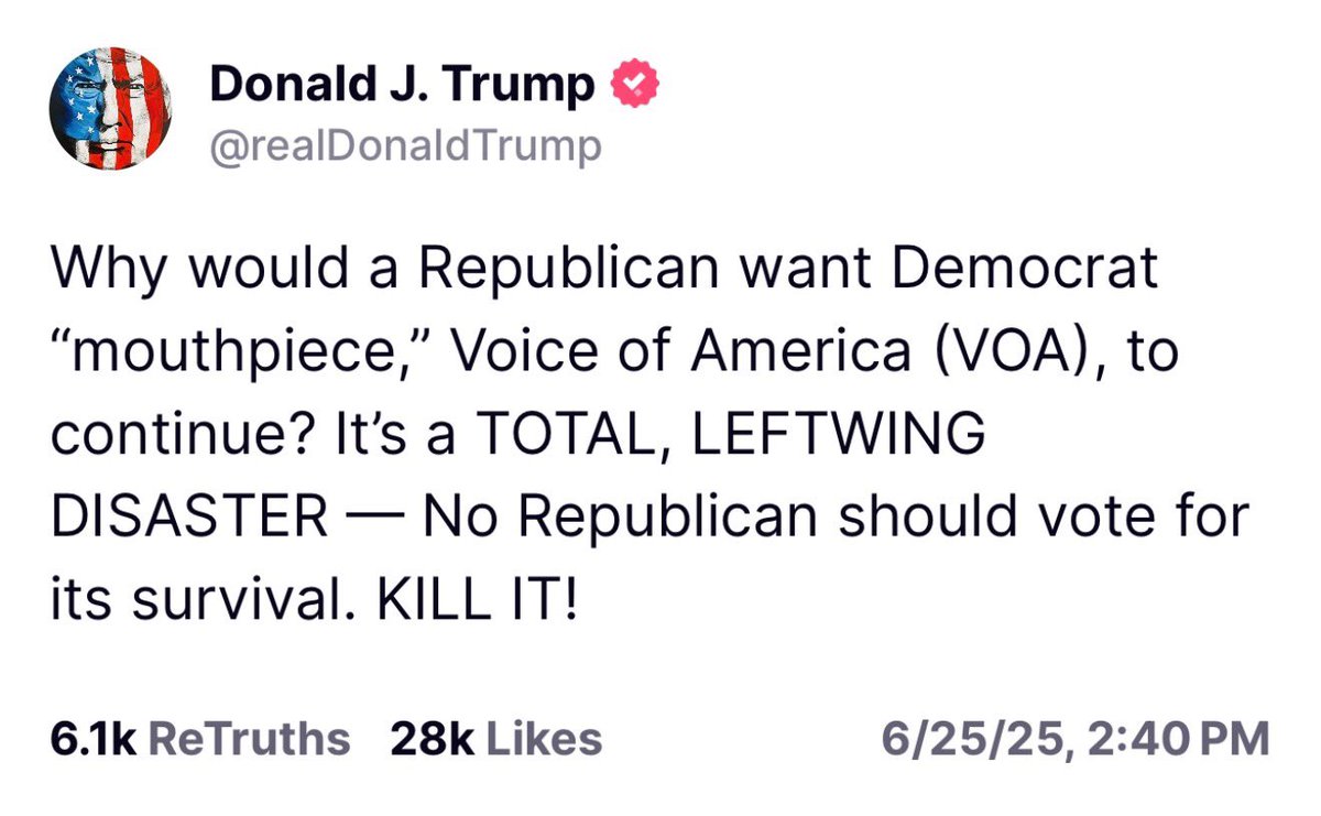 KariLake's tweet photo. At one point VOA was effective, but corrupt politicians and DC swamp creatures outsourced everything to an even more corrupt Grantee system ie. Radio Free Europe, Radio Free Asia and the Middle East Broadcasting Network🤡 who offer no transparency, and massive mismanagement and self-dealing. It’s hard to believe that some of those corrupt people are still in the government pushing to keep that Grantee system alive. President Trump understands what’s going on and he supports our efforts to root-out the corruption.