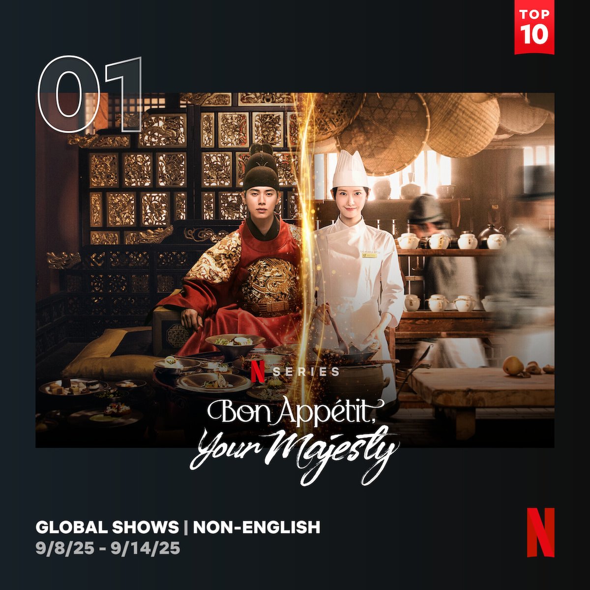 NetflixKR's tweet photo. [📜] <폭군의 셰프>가 글로벌 TOP10 시리즈 비영어 부문 1위에 등극했다는 소식 전해드리옵니다🍳

대령숙수 지영과 미식가 폭군의 아찔한 케미 맛집 <폭군의 셰프>도, 지금 넷플릭스에서. https://t.co/z7Ag6taMa8