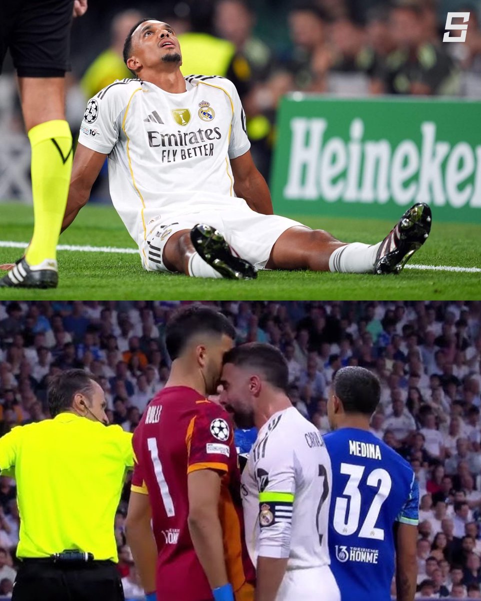 iSportsAPI's tweet image. Trent Alexander-Arnold was forced off injured just five minutes into his Champions League debut for Real Madrid.
The club has also picked up a red card in the first UCL game for Daniel Carvajal headbutted goalkeeper Rulli.
Xabi Alonso now has a headache over the right-back🫤