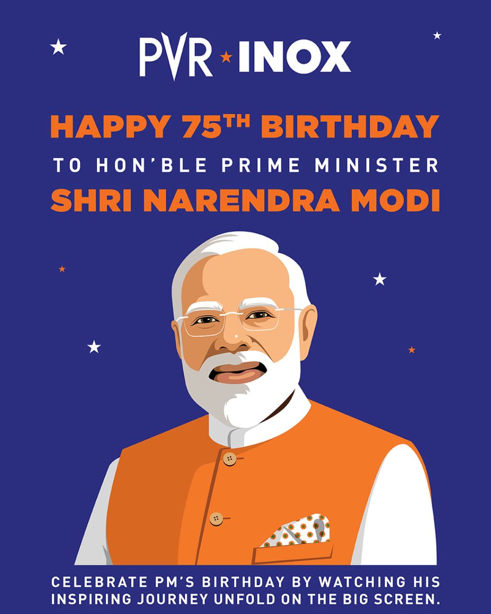 _PVRCinemas's tweet image. ✨ PVR INOX extends heartfelt wishes to Hon’ble Prime Minister Shri Narendra Modi Ji on his 75th birthday. May your vision continue to inspire generations and guide India towards greater progress. 🇮🇳 

Stay tuned for screening details.
.
.
.
#HappyBirthdayModiJi #PMModi75…