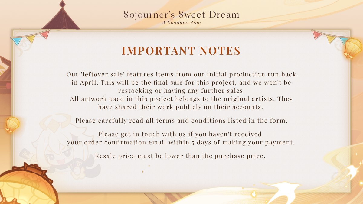 ⭐️LEFTOVER SALE GUIDE
The leftover sale form will open on September 20 at 12:00 AM, GMT+7.

Note: We have revised some of our terms and policies for this sale. The updated details will be provided in the form!
#XiaoLumi #魈蛍 #魈荧