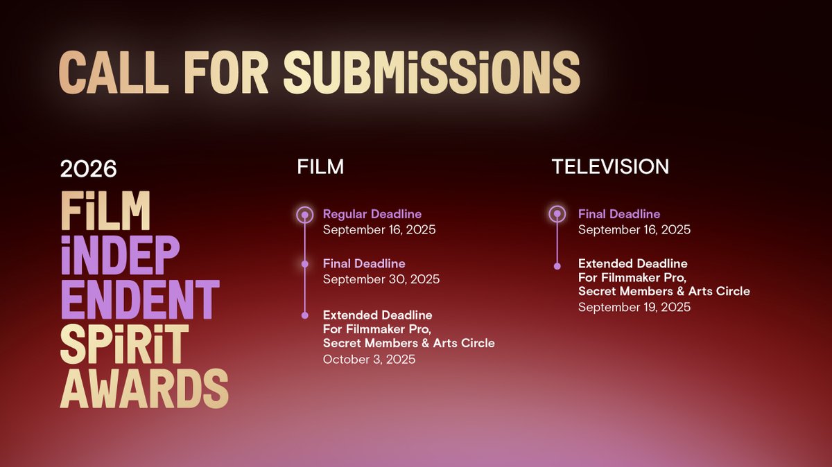 filmindependent's tweet image. 🚨 FINAL REMINDER! You have until 11:59 PM PT TONIGHT to submit your TV series to the 2026 #SpiritAwards.

Submit now: bit.ly/SpiritAwardsSu…
