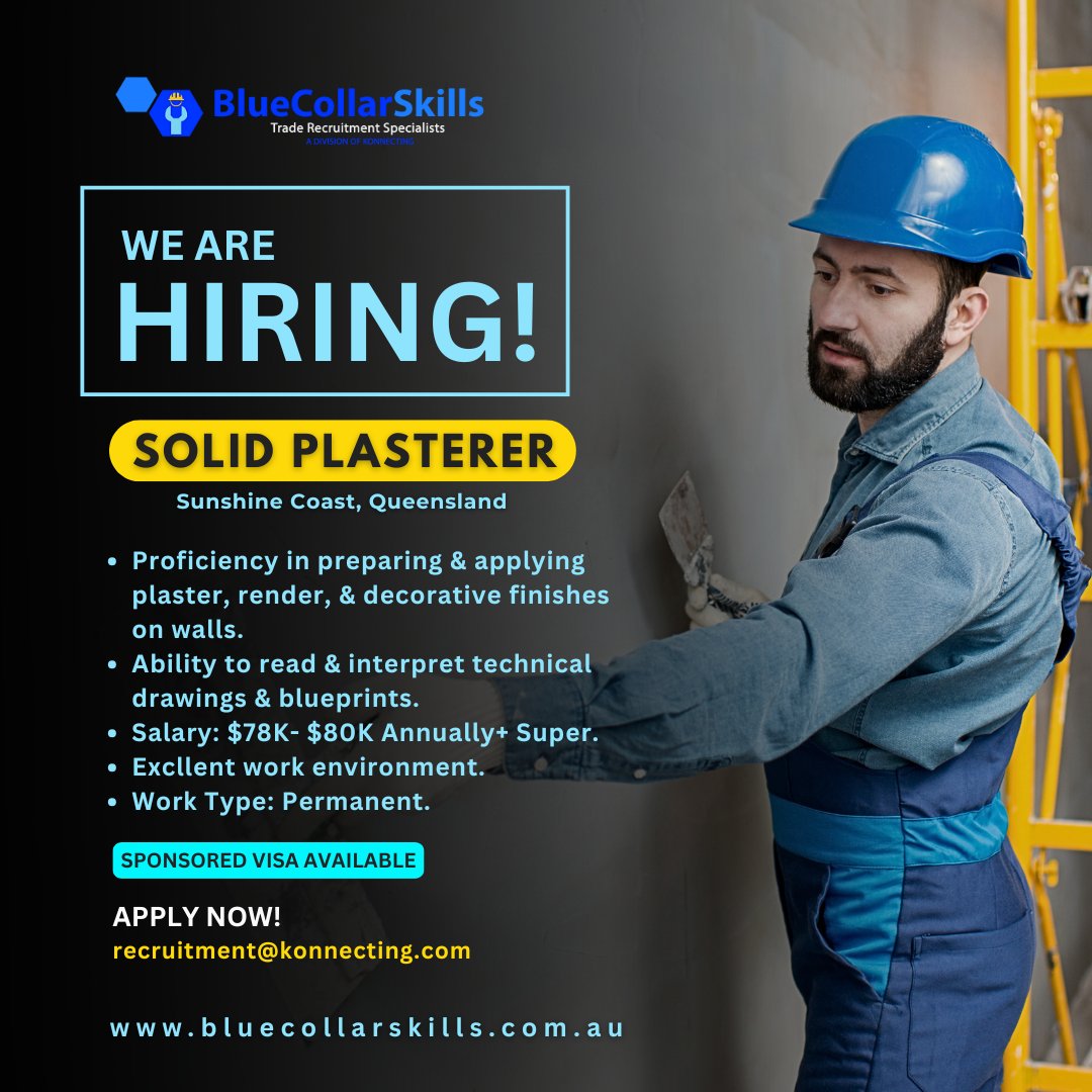 BlueCollarSkill's tweet image. Hiring! Sponsored Visa is available for selected candidate.

 Solid Plasterer | Sunshine Coast, Australia

Apply now! send your resume to recruitment@konnecting.com

#SolidPlasterer #SkilledTrades #BritishExpats #RelocateToAustralia #konnecting #sponsoredvisa #bluecollarskills