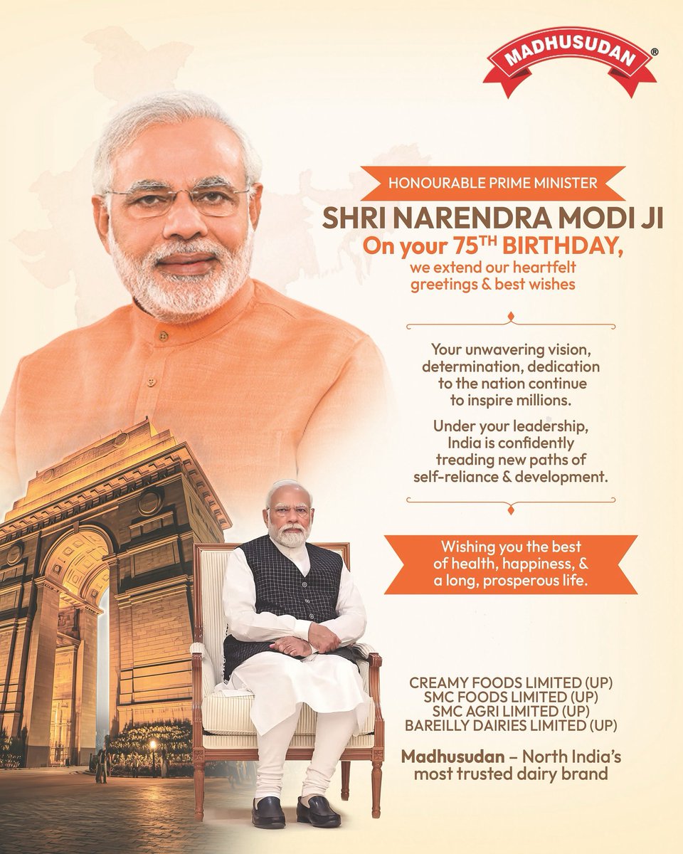 Team Madhusudan extends warm wishes to Honourable Prime Minister Shri Narendra Modi Ji on his 75th birthday. 
Your vision of a self-reliant India inspires us at Madhusudan to keep strengthening the nation through purity and progress.

#Madhusudan #TheMilkOfIndia #NarendraModi