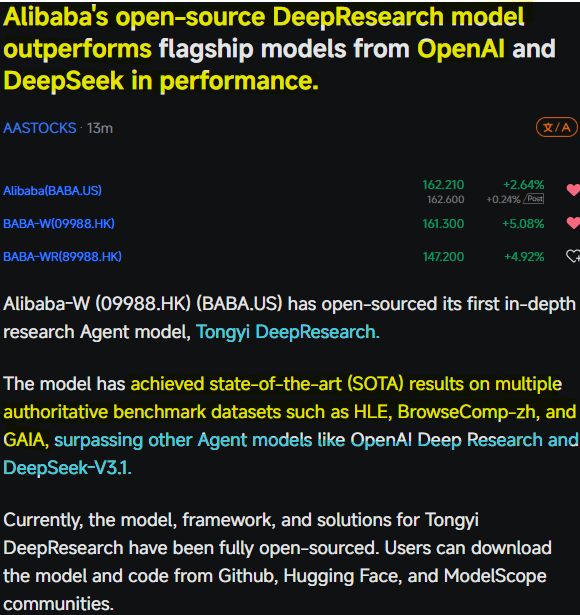 dyz_ob's tweet image. $BABA&apos;s new, open-source Agent AI model: Tongyi DeepResearch and getting a lot of attention!