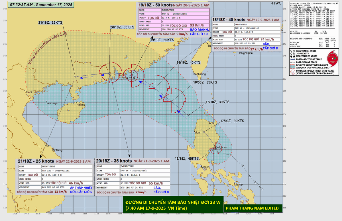 Path of the eye of tropical storm "23W". Storm eye will hit the coast located between HONG KONG-SHENZHENG at about 11-12 a.m. on Sept.20, 2025 with wind speed fr. 80 to 93 km/h