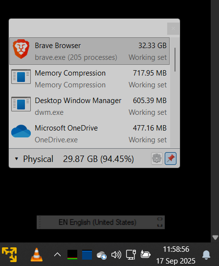 frustratedDoe's tweet image. r/#computerScience #comsci : Virtual Memory in action . I only have 32 GiB of physical memory (RAM) but 918 tabs spread across 205 instances / processes of @bravebrowser use 32.33 GB of [virtual] memory.