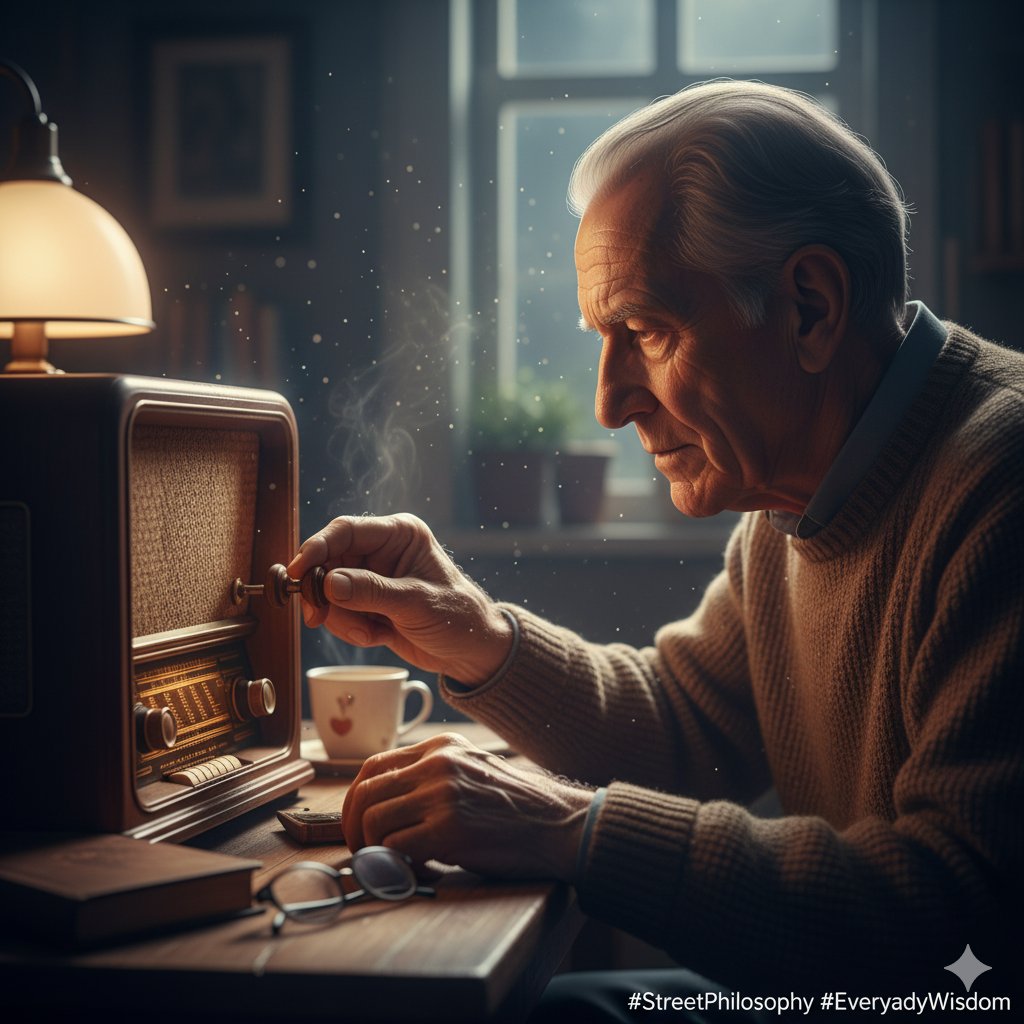 Rajan_Medhekar's tweet image. 𝗧𝗵𝗲 𝗢𝗹𝗱 𝗥𝗮𝗱𝗶𝗼
An old man used to adjust his radio knob a hair’s breadth every night. That sliver of static removed gave him crystal-clear music till dawn. Big peace often comes from tiny turns. #StreetPhilosophy #EverydayWisdom 
#StreetPhilosopher