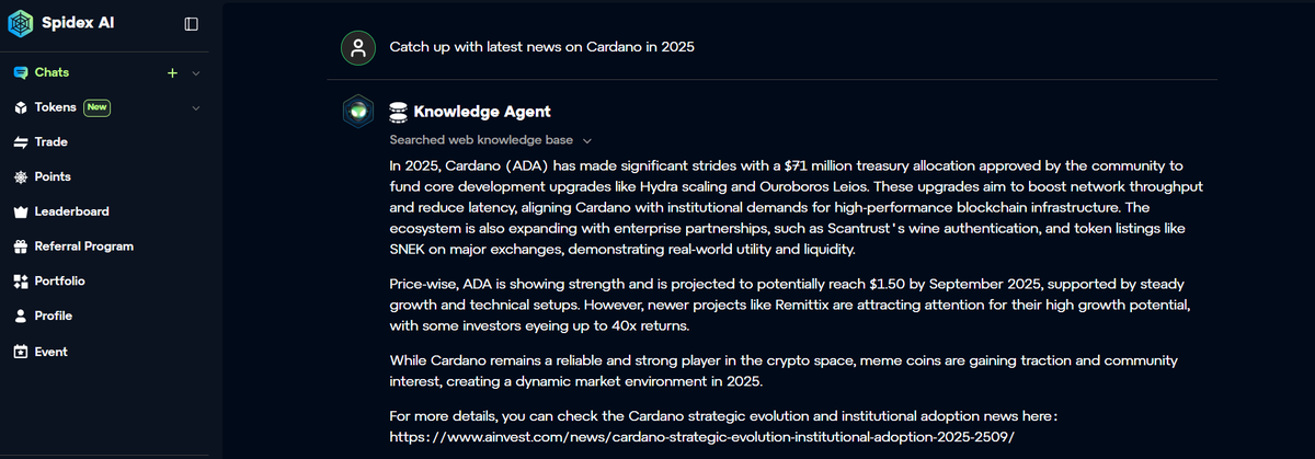 Spidex_ag's tweet photo. Did you try to catch up with the latest news on #Cardano by #Spidex Agent?
#ADA #Cardano #Ecosystem #AiAgent #Spidex https://t.co/5Aolv3VCDt