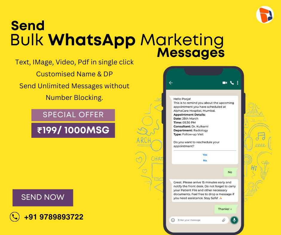 Stop risking your number. Start smart WhatsApp Marketing. 🚀

Send bulk messages with: 
✅ NO Number Bans 
✅ Virtual Sender Number 
✅ Your Own Branded DP 
✅ Full Delivery Reports

Reach thousands, safely. DM for details!
#WhatsAppMarketing #BulkWhatsApp #DigitalMarketing