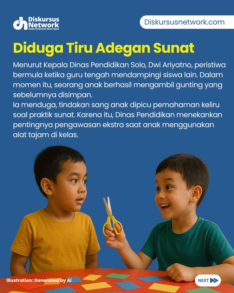 DiskursusNet's tweet image. Ngilu banget sobat! Di Solo, seorang bocah malah kena musibah gara-gara main sunat-sunatan pakai gunting di sekolah. Awalnya cuma iseng bareng temen-temennya, eh malah beneran kejadian sampai bikin korban luka serius.

#Pendidikan #PAUD #Solo #Digunting #alatvital