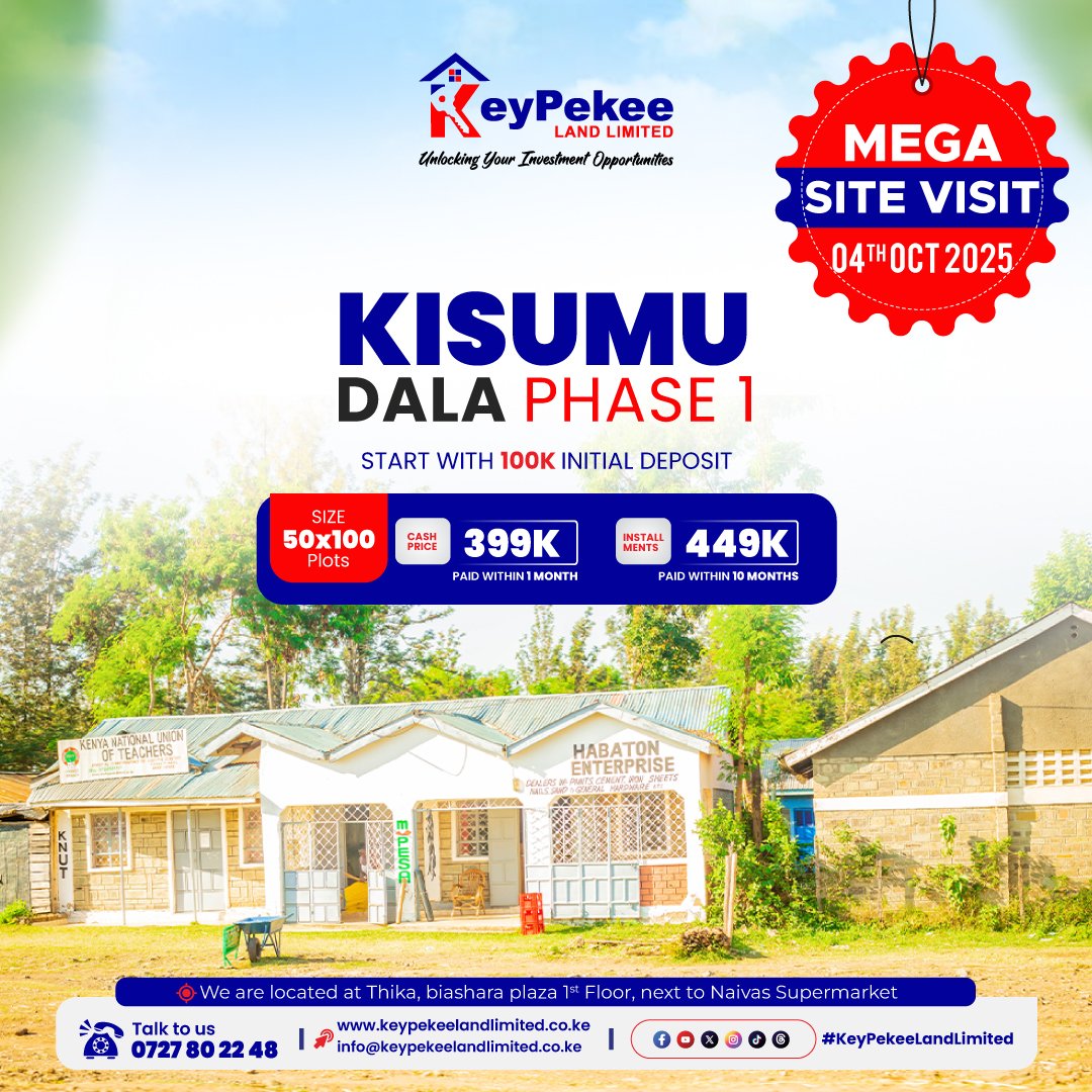 KeypekeeLand's tweet image. 🌿 Own a Piece of Serenity in Kisumu-Awasi !🏡✨
Prime 50x100 plots with ready title deeds – starting with just 100K deposit.
☎️0727802248
🌍 keypekeelandlimited.co.ke
📌 Thika town Biashara plaza 1st floor suite no 1 next to Naivas supermarket.
 #primeplots #plotsinkisumu